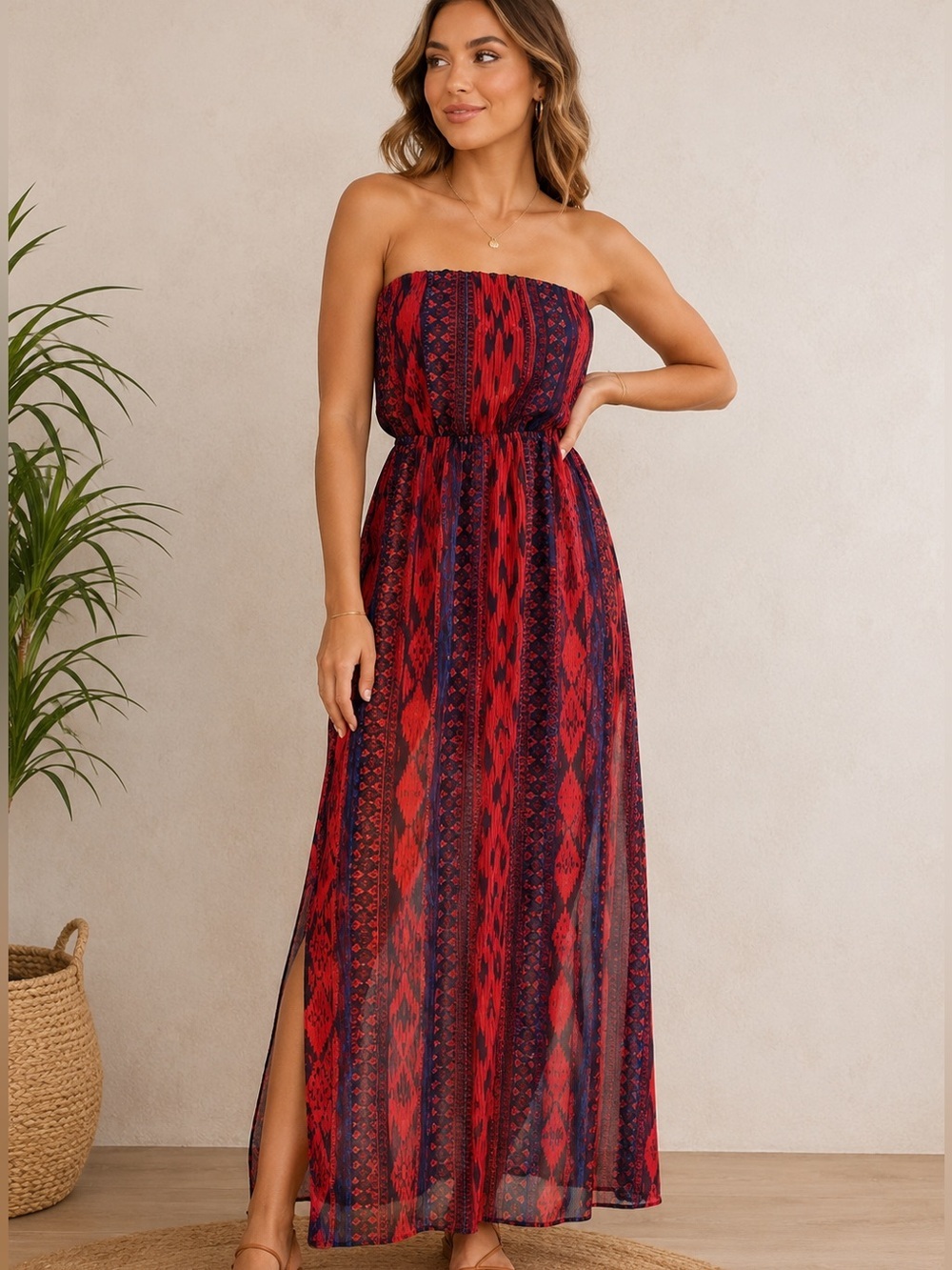 Charlotte Russe Strapless Maxi Dress Red Navy Aztec Print Sheer Overlay Small